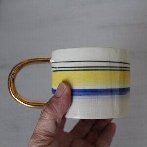 Anthropologie x Fliff Carr Mug in Blue and Yellow with Gold Handle